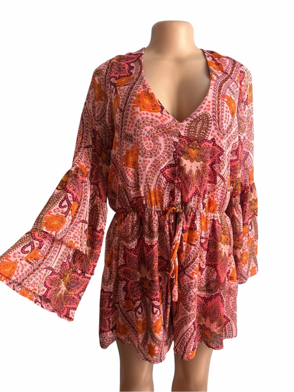 3/$30 ☀️ Gianni Bini Wanderlust Pink Orange Paisley Long Sleeve Romper - Picture 3 of 9